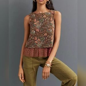 Anthropologie Eva Franco Brown Floral Jacquard Tulle Sleeveless Top SMALL